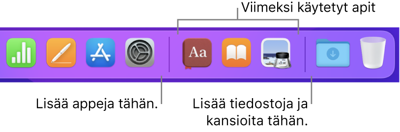 Osa Dockista, jossa näkyvät erotinviivat appien, äskettäin käytettyjen appien sekä tiedostojen ja kansioiden välillä.