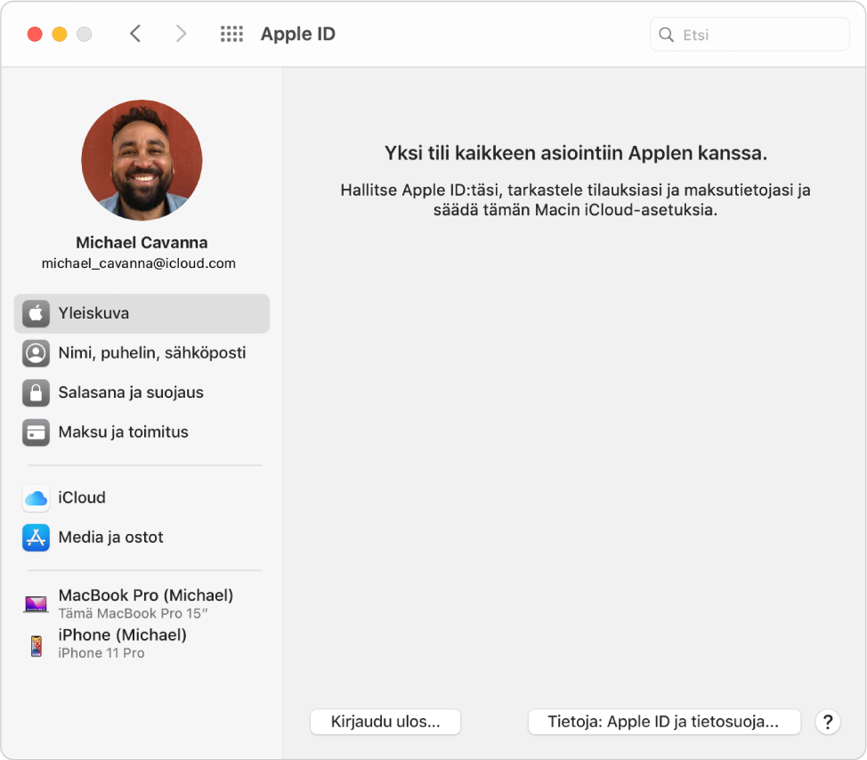 Apple ID ‑asetuksissa näkyy sivupalkki, jossa on Apple ID ‑kuva ylhäällä vasemmalla.