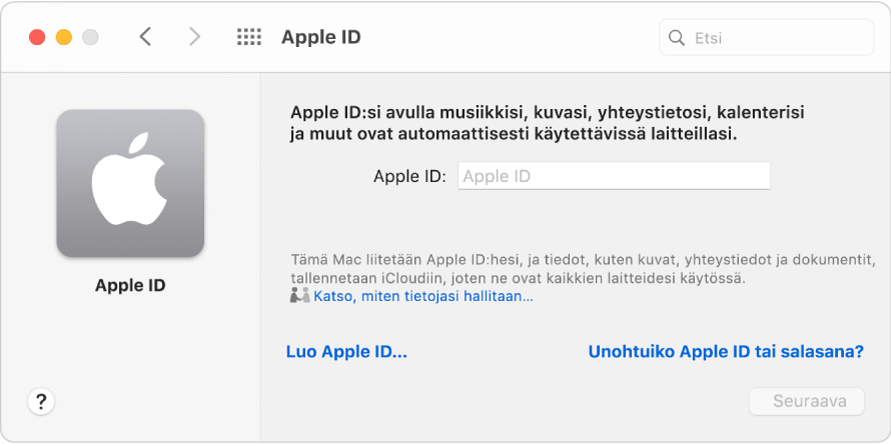 Apple ID ‑valintaikkuna valmiina Apple ID:n syöttämiseen. Luo Apple ID ‑linkin kautta voidaan luoda uusi Apple ID.