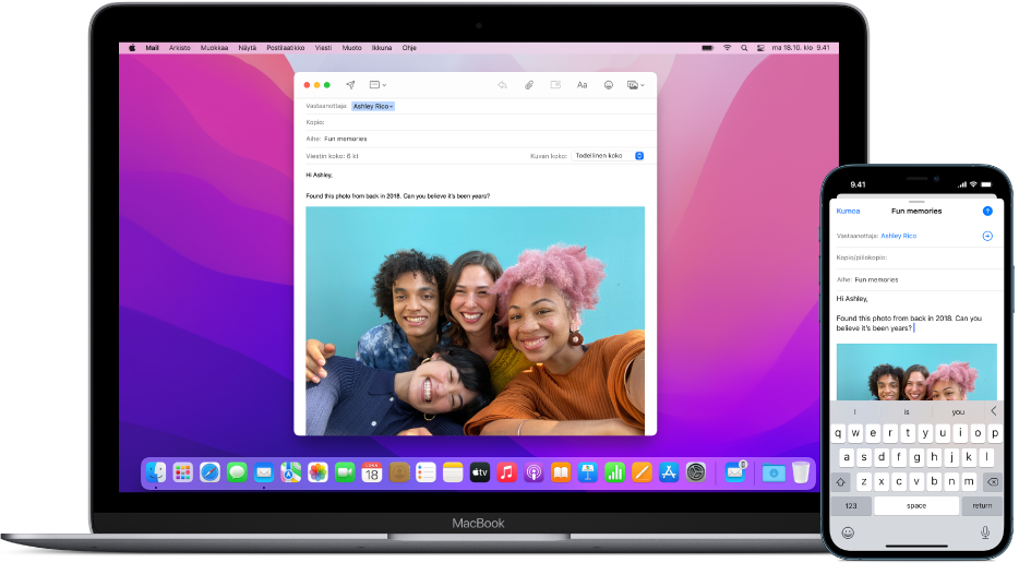 iPhone, jossa näkyy sähköpostiviesti, ja sen vieressä Mac, johon viestiä ollaan siirtämässä, mitä ilmaisee Handoff-kuvake Mail-apin kuvakkeessa lähellä Dockin oikeaa reunaa.