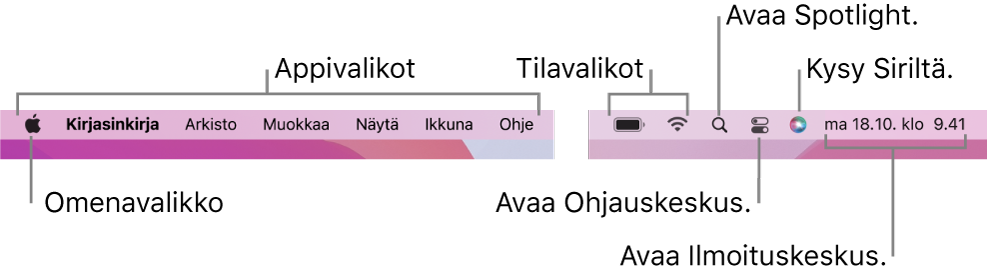 Valikkorivi. Vasemmalla on Omenavalikko ja appien valikot. Oikealla ovat tilavalikot, Spotlight, Ohjauskeskus, Siri ja Ilmoituskeskus.