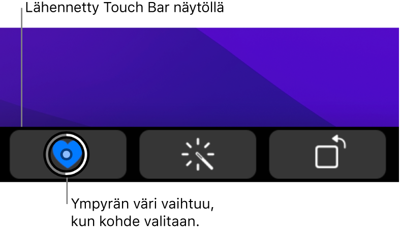 Lähennetty Touch Bar näytön alareunassa. Painikkeen ympyröinti muuttuu, kun se valitaan.