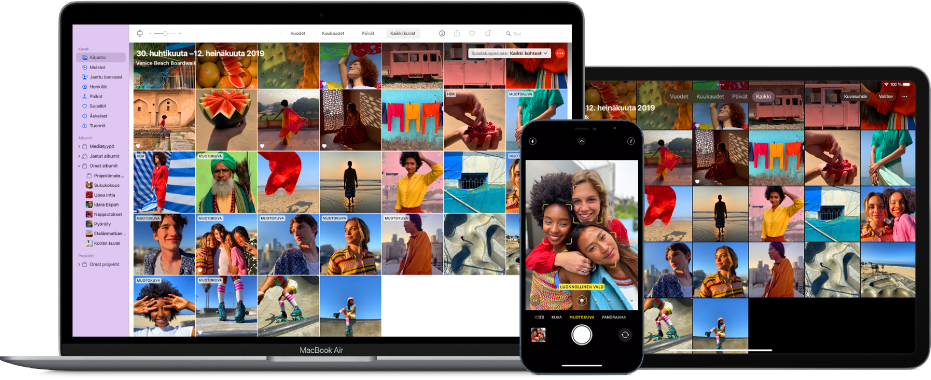 Mac, iPhone ja iPad, joissa näkyy sama kuvakirjasto.