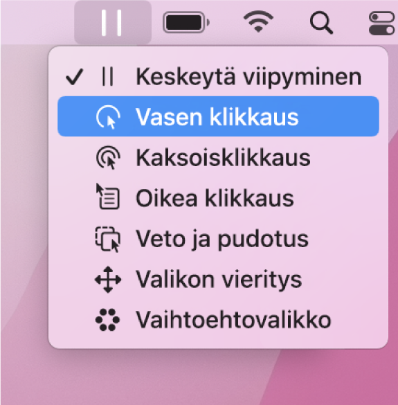 Viiveen tilavalikko, jossa on (ylhäältä alas) Keskeytä viipyminen, Vasen klikkaus, Kaksoisklikkaus, Oikea klikkaus, Vedä ja pudota, Selaus-valikko ja Valinnat-valikko.