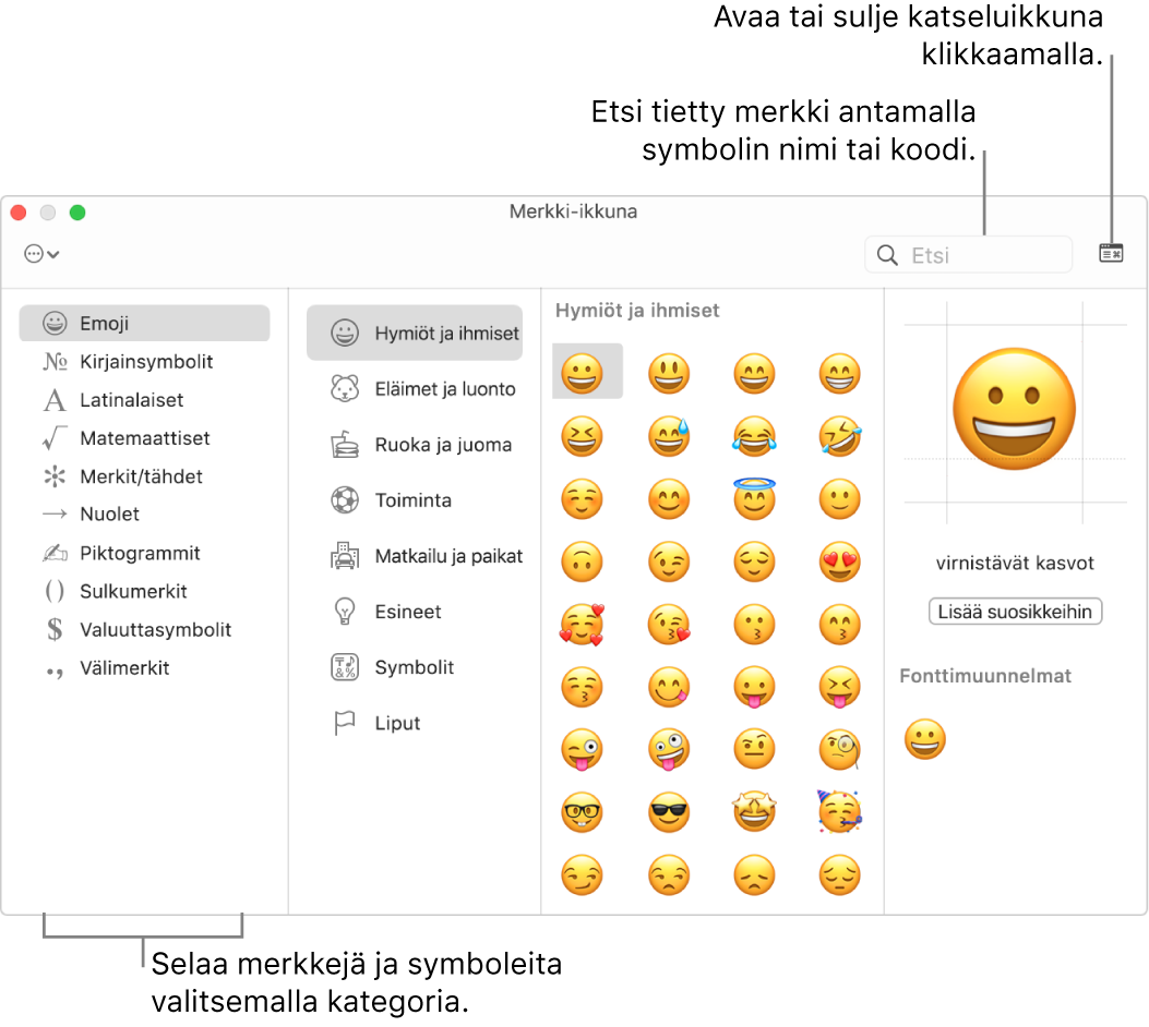 Merkki-ikkuna. Selaa merkkejä tai symboleja valitsemalla kategoria vasemmalta. Etsi tietty merkki syöttämällä hakukenttään symbolin nimi tai koodi. Oikeasta yläkulmasta voit suurentaa tai pienentää ikkunan klikkaamalla.