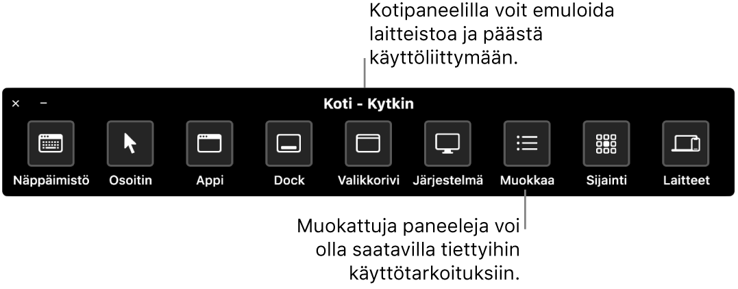 Kytkinohjaus-kotipaneeli tarjoaa vasemmalta oikealle lueteltuina painikkeet, joilla hallitaan näppäimistöä, osoitinta, appia, Dockia, valikkoriviä, järjestelmän säätimiä, muokattuja paneeleja, näytön sijaintia ja muita laitteita.