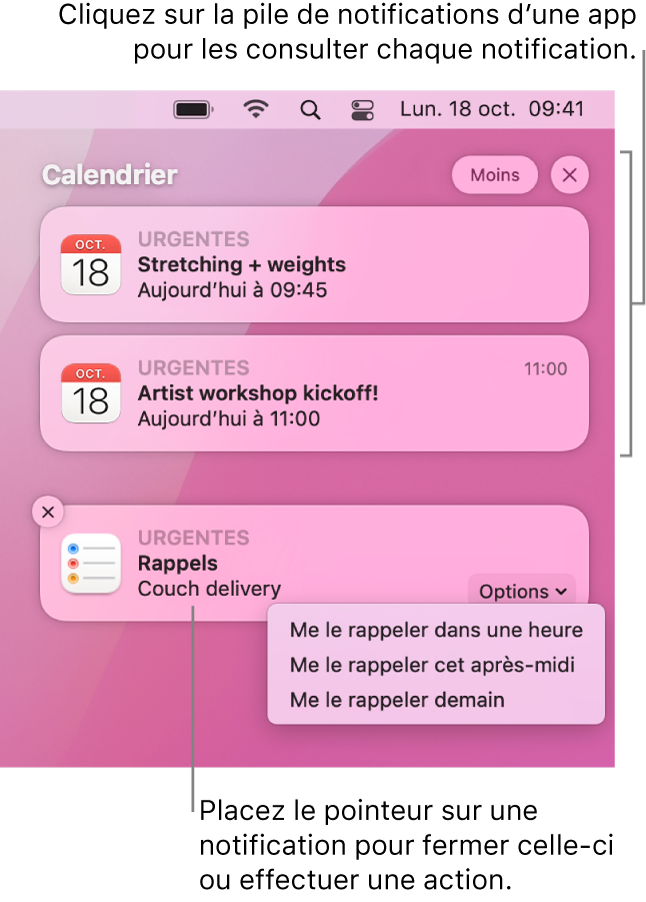 Les notifications d’apps dans le coin supérieur droit du bureau, y compris une pile ouverte contenant deux notifications de Rappels avec un bouton « Moins » pour la condenser et une notification de Calendrier avec un bouton Rappel d’alarme.