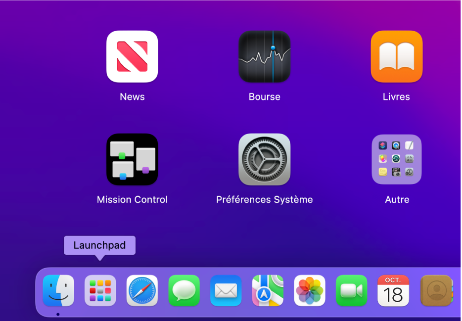 Le coin inférieur gauche du Dock qui affiche l’icône Launchpad.