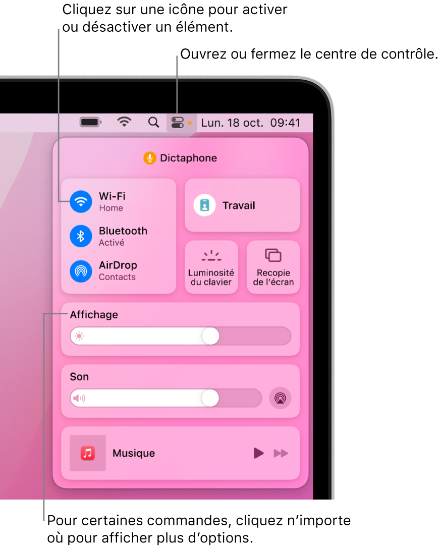 Le centre de contrôle en haut à droite de l’écran qui affiche des commandes pour, entre autres, le Wi‑Fi, Concentration, Son et À l’écoute.