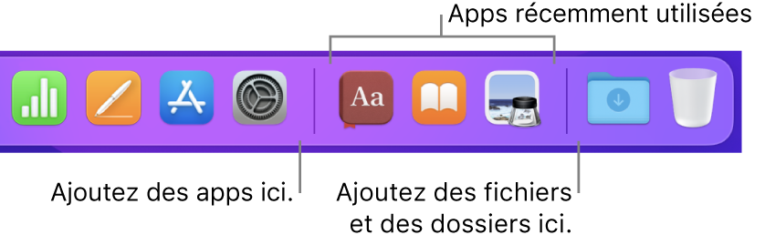 Une partie du Dock affichant les lignes séparatrices entre les apps, les apps récemment utilisées et les fichiers et les dossiers.