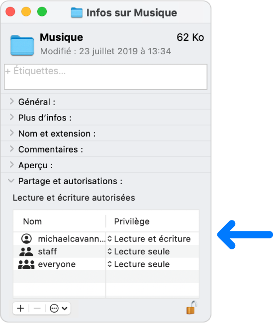 Les réglages d’autorisation au bas de la fenêtre Infos.