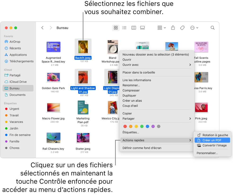 Une fenêtre du Finder contenant des fichiers et des dossiers, où trois fichiers sont sélectionnés, et Créer un PDF est surligné dans le menu Actions rapides.