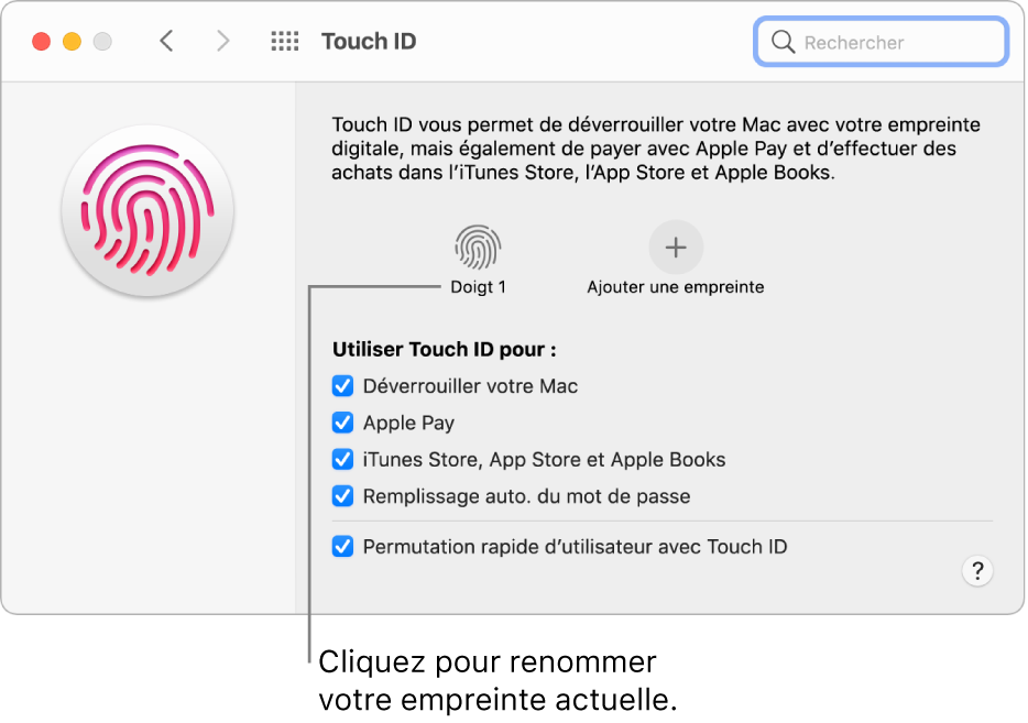 La sous-fenêtre de préférences Touch ID qui indique qu’une empreinte est prête à être utilisée pour déverrouiller le Mac.