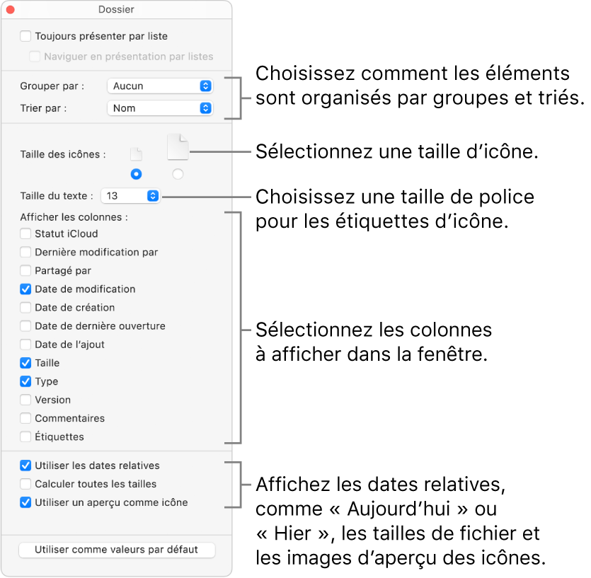Options de présentation d’un dossier par listes.