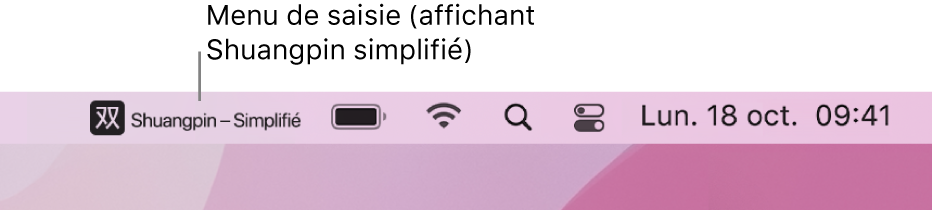 Le côté droit de la barre des menus. Le menu de saisie affiche la méthode de saisie Shuangpin - Simplifié.