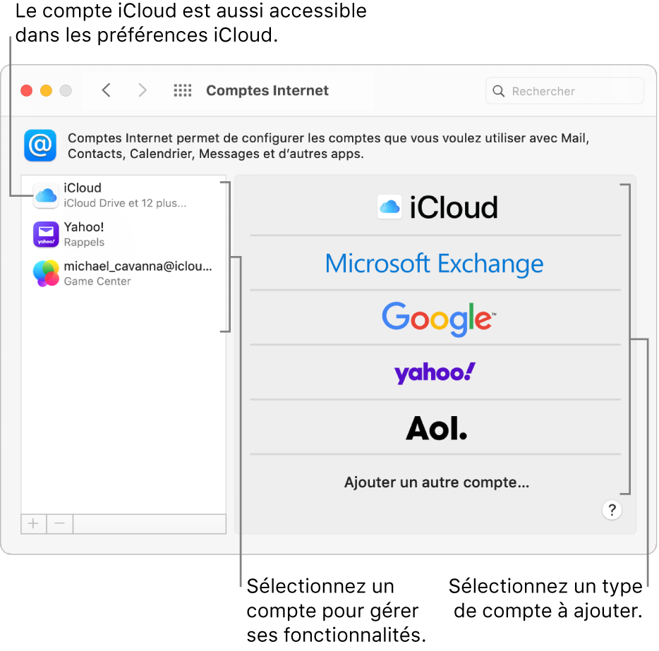 Préférences Comptes Internet avec des comptes répertoriés à droite et les types de comptes disponibles, à gauche.