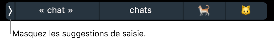 Les suggestions comprenant des mots et des émojis, et le bouton de gauche permettent de masquer les suggestions.