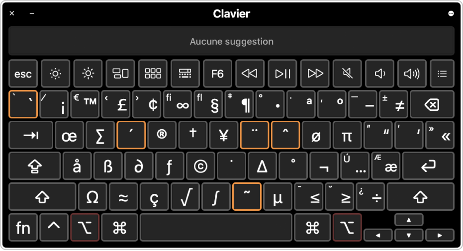 Le visualiseur de clavier présentant la disposition ABC et cinq touches mortes mises en surbrillance.