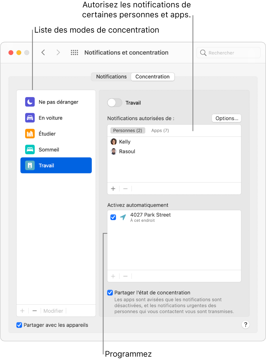 Les préférences Concentration qui affichent la liste Concentration à gauche, avec le mode de concentration « Travail » sélectionné. En haut à droite se trouve la liste des personnes dont les notifications sont autorisées lorsque le mode de concentration « Travail » est actif. L’horaire établi selon le lieu qui active automatiquement le mode de concentration Travail se trouve ci-dessous.