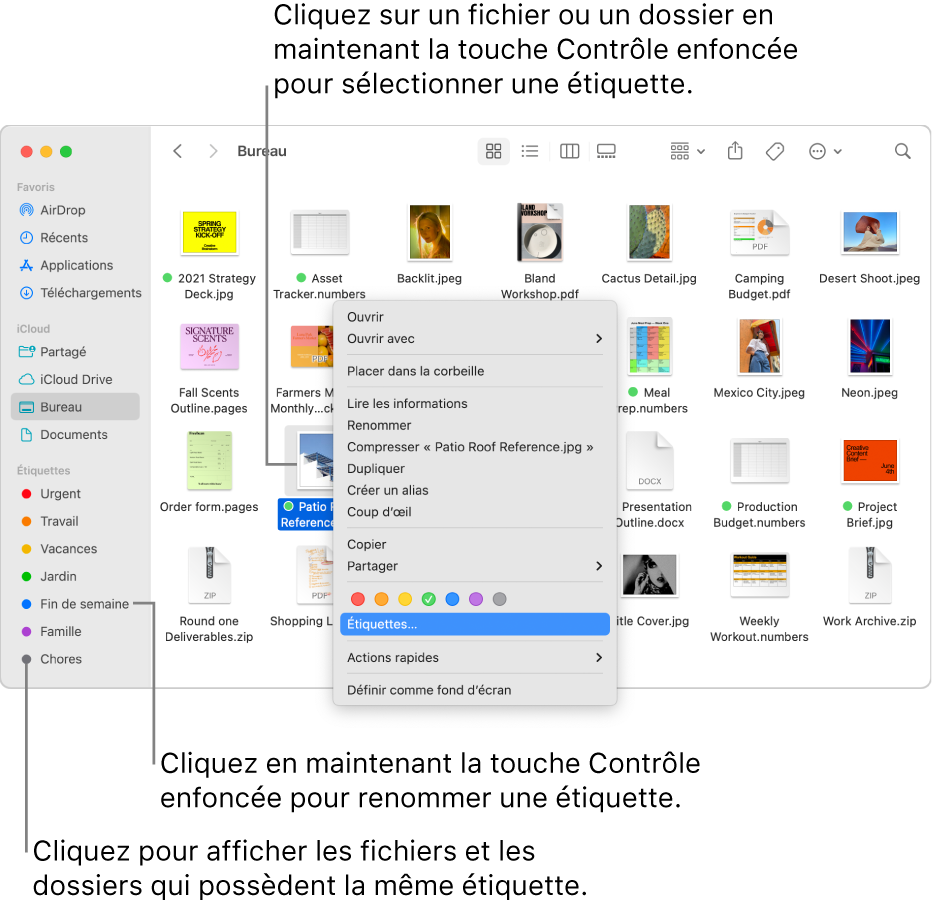 Une fenêtre du Finder qui contient des fichiers et des dossiers étiquetés, avec un fichier sélectionné. Dans le menu des raccourcis, il y a des choix de couleurs pour les étiquettes, et Étiquettes est surligné.