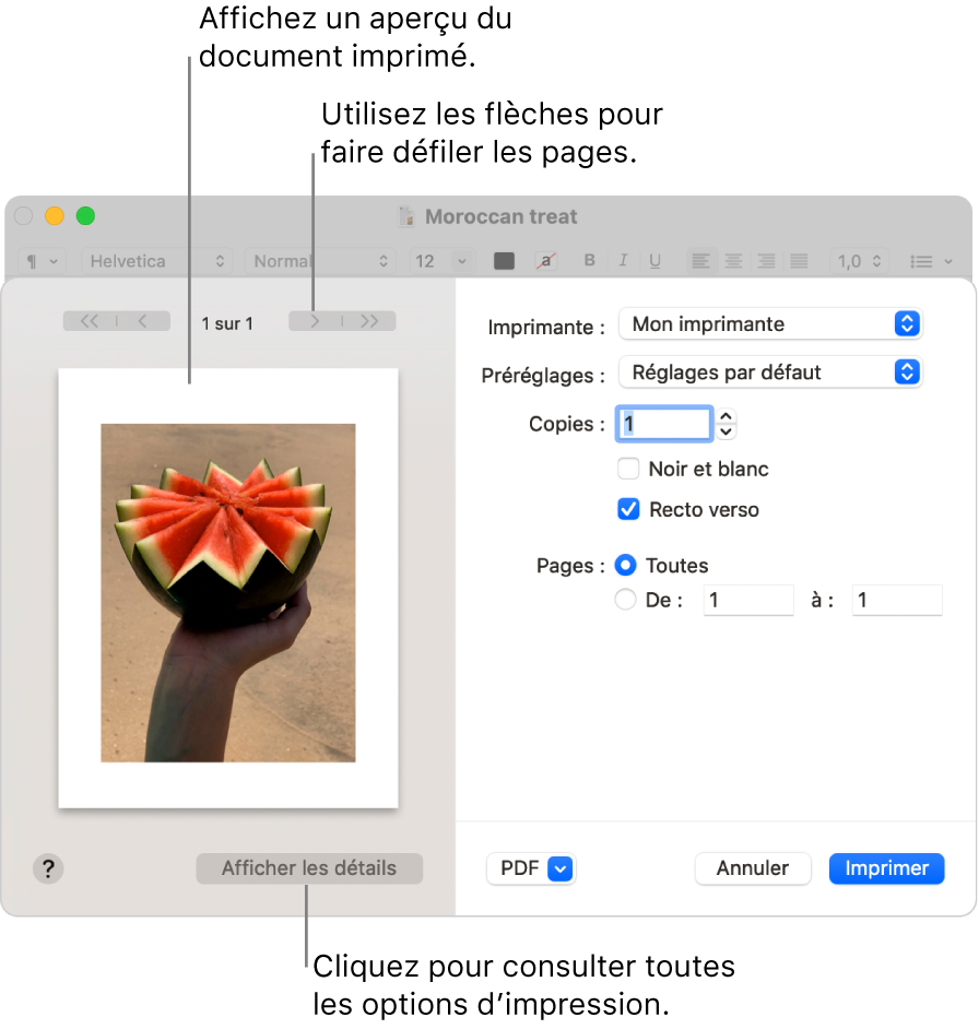 La zone de dialogue Imprimer affiche un aperçu du document à imprimer. Cliquez sur le bouton Afficher les détails pour afficher plus d’options d’impression.