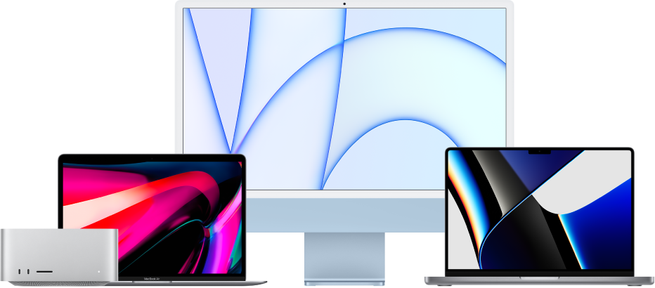 Un Mac Studio à gauche. À côté, de gauche à droite, un MacBook Air, un iMac et un MacBook Pro avec des bureaux colorés.