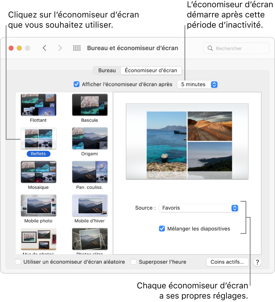 La sous-fenêtre Économiseur d’écran de Préférences Système.