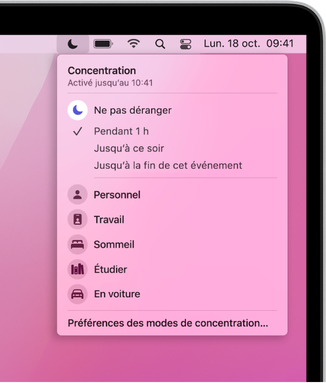 Le menu d’état des modes de concentration s’ouvre pour afficher la liste des modes de concentration, y compris Personnel, Travail, Étude, et autres. Ne pas déranger est en haut de la liste et est activé pendant une heure.