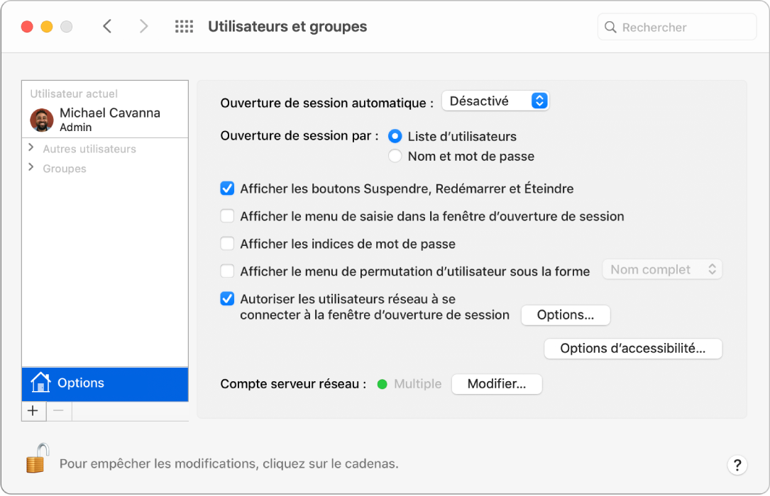 La sous-fenêtre Options de connexion des préférences Utilisateurs et groupes qui permet de personnaliser la façon dont un utilisateur ouvre sa session.