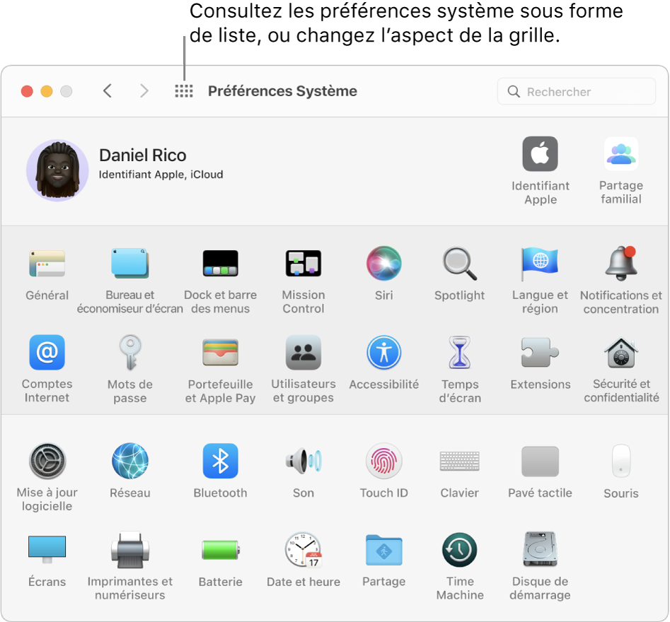 La grille d’icônes dans la fenêtre de Préférences Système. Cliquez sur le bouton Tout afficher dans la barre d’outils de la fenêtre pour afficher les préférences système sous forme de liste, ou pour changer l’aspect de la grille.