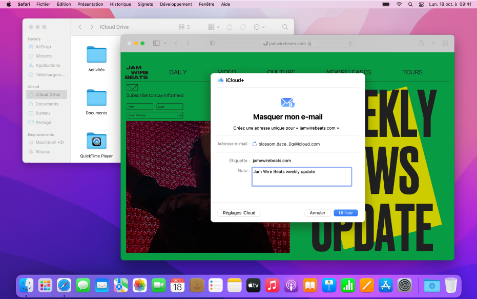 Un bureau Mac avec deux fenêtres ouvertes : le Finder affichant des fichiers d’iCloud Drive ainsi que l’app Safari avec les réglages « Masquer mon adresse e-mail ».