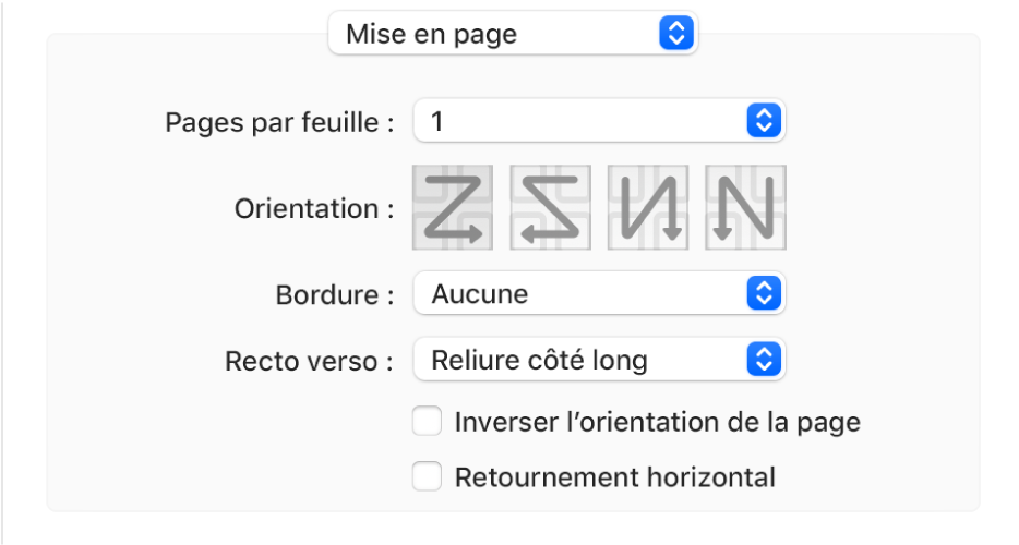 L’option Mise en page choisie dans le menu local Options d’impression, avec la case à cocher Inverser l’orientation de la page.