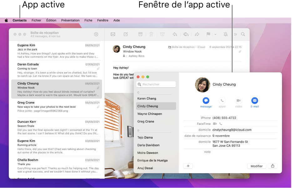 Un exemple de bureau avec plusieurs fenêtres ouvertes, mais une seule app active.