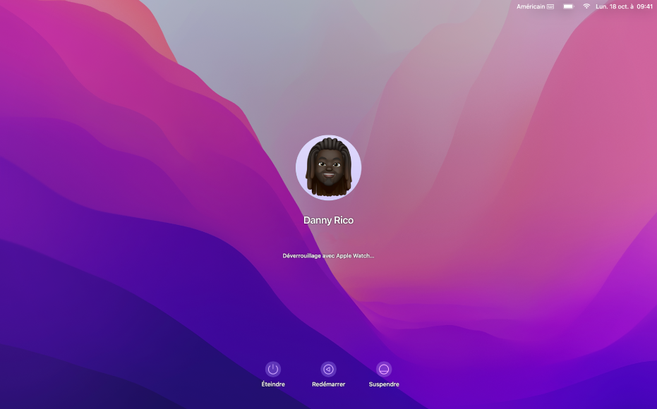 Écran de déverrouillage automatique avec un message en son centre indiquant que le Mac est déverrouillé par l’Apple Watch.