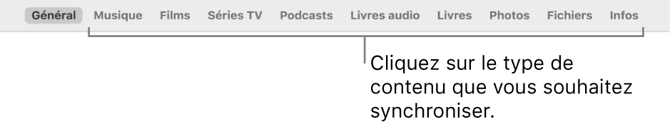 La barre des boutons affichant le bouton Général et les boutons de contenus comme la musique, les films, les séries TV et bien plus encore.