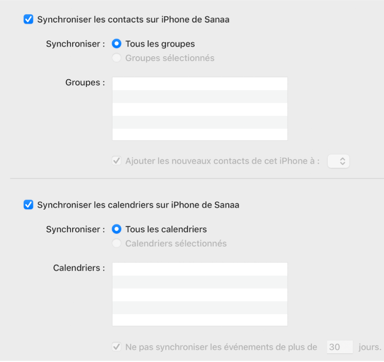 Les options de synchronisation d’informations avec les cases « Synchroniser le contact sur l’appareil » et « Synchroniser les calendriers sur l’appareil » cochées et les options permettant de sélectionner les groupes de contacts et une sélection de calendriers.