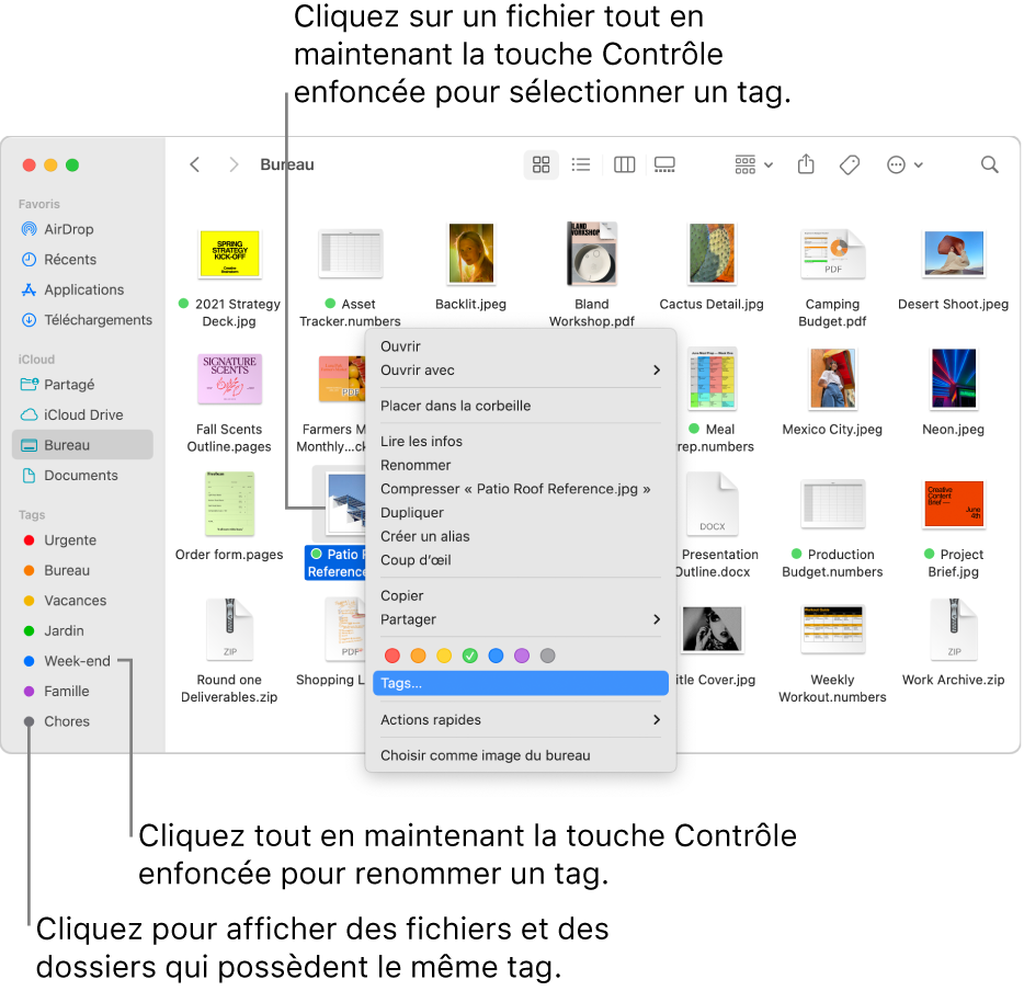 Une fenêtre du Finder contenant des fichiers et dossiers associés à des tags, avec un fichier sélectionné. Différents choix de couleur sont proposés pour les tags dans le menu contextuel, et Tags est surligné.