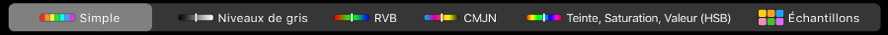 La Touch Bar affichant des modèles colorimétriques, de gauche à droite : Simple, Niveaux de gris, RVB, CMJN et TSL. Le bouton Échantillons se trouve à l’extrémité droite.