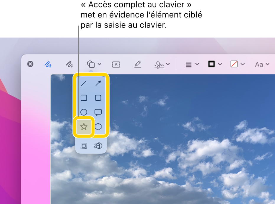 La fenêtre Coup d’œil avec la barre d’outils d’annotation. L’outil Figure est agrandi pour afficher les options. « Accès clavier complet » a mis en évidence l’outil actif et le groupe auquel il appartient.