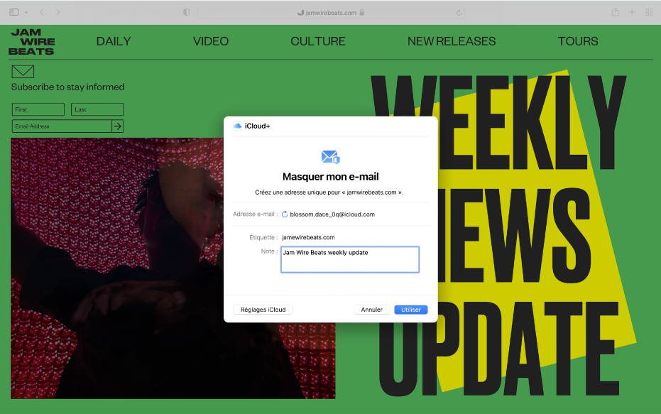 L’app Safari affichant iCloud+ et la fenêtre « Masquer mon email ».