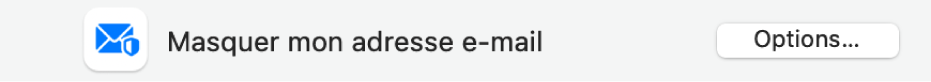 Préférence « Masquer mon adresse e-mail » et bouton Options dans la fenêtre des préférences iCloud.
