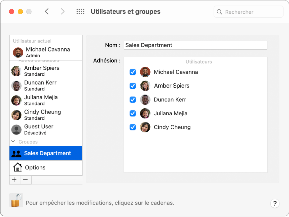 Les préférences Utilisateurs et groupes affichant un groupe sélectionné à gauche ; le nom du groupe et ses membres se trouvent à droite.