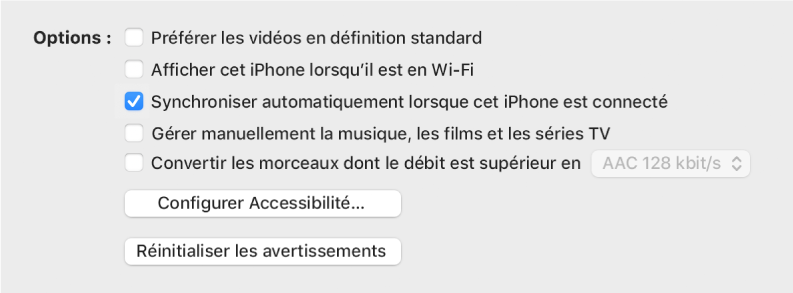 Options de synchronisation, avec l’option « Synchroniser automatiquement lorsque cet [appareil] est connecté » sélectionnée.