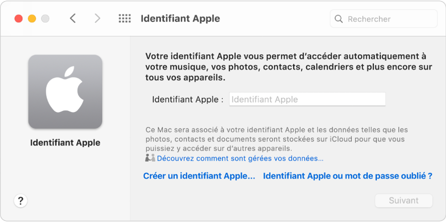 Zone de dialogue de connexion de l’identifiant Apple, dans laquelle vous pouvez saisir un identifiant Apple et le mot de passe correspondant.