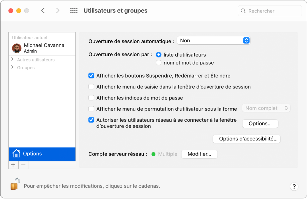 La sous-fenêtre Options des préférences Utilisateurs et groupes, où vous pouvez sélectionner des options de personnalisation de la méthode de connexion d’un utilisateur.