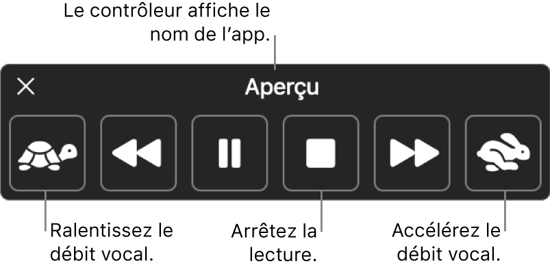 Le contrôleur à l’écran qui peut être affiché lorsque votre Mac énonce du texte sélectionné. Le contrôleur fournit six boutons qui, de gauche à droit, vous permettent de diminuer le débit vocal, revenir sur une phrase, démarrer ou mettre en pause la lecture, arrêter la lecture, avancer d’une phrase et augmenter le débit vocal. Le nom de l’app est affiché en haut du contrôleur.