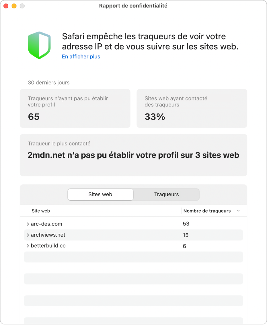 Un rapport de confidentialité de Safari.