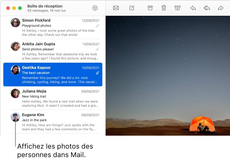 La fenêtre Mail affichant la liste des messages avec la photo des expéditeurs en regard de leur nom.