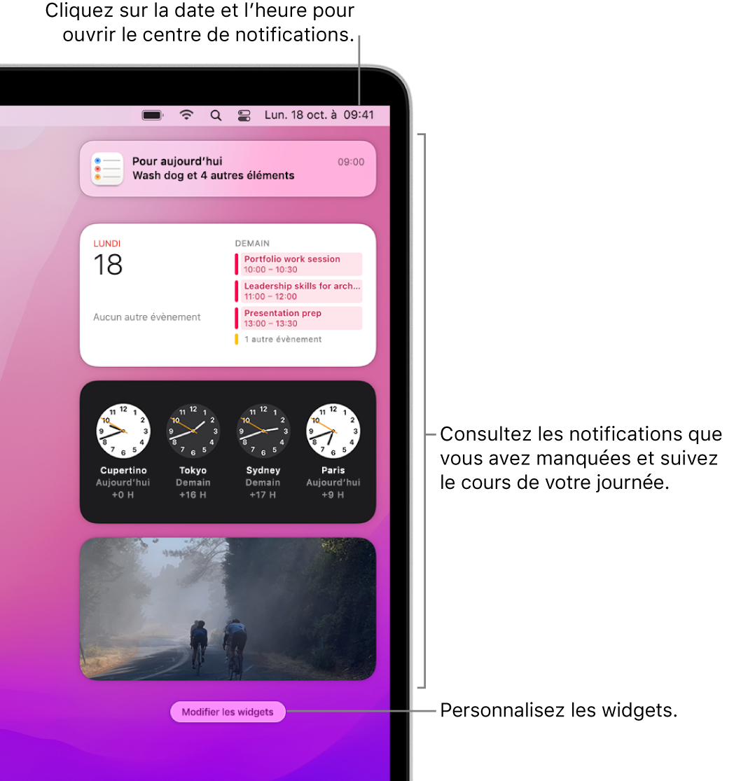 Notifications et widgets dans le Centre de notifications.
