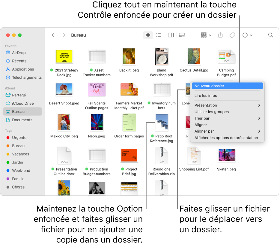 Une fenêtre du Finder contenant des fichiers et des dossiers. « Nouveau dossier » est surligné dans le menu contextuel.